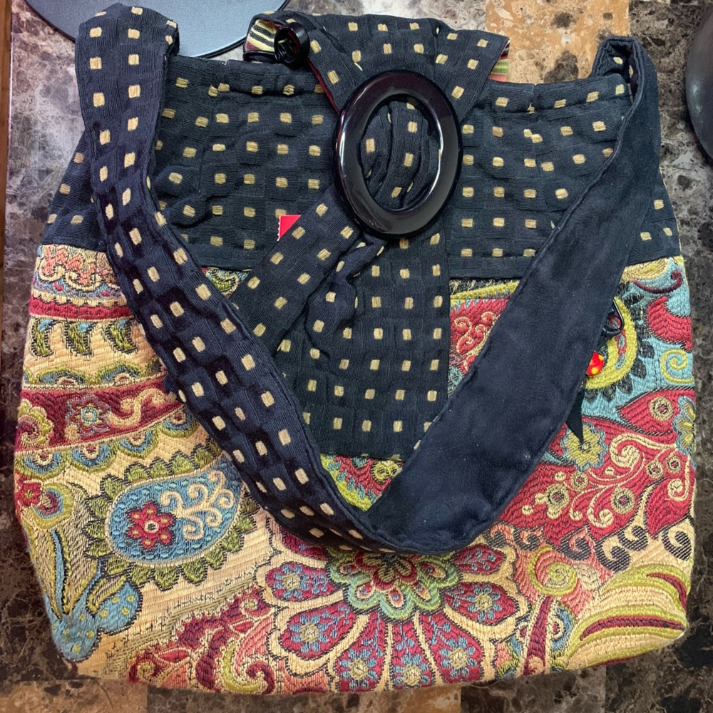 Lovely Connie Gunderson one of a kind, tapestry mixed textile handbag.